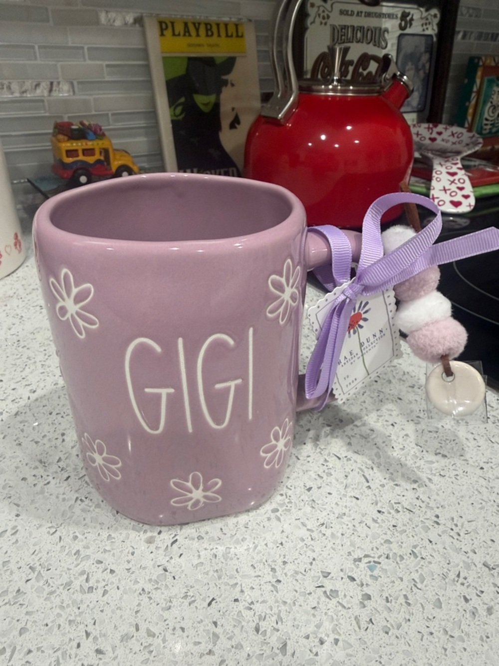 Rae Dunn Lilac & White GIGI Ceramic Mug with Daisy Accents